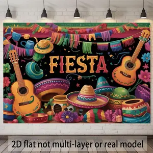 1pc Large 2D Flat Polyester Mexican Fiesta Party Banner - Summervibes Spanish-Themed Ornaments with Maracas, Sombreros, Guitars, FIESTA Letters - Multicolor Latin Decor for Birthdays, Cinco de Mayo