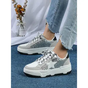 Fashionable Glitter Design Lace Up Low Top Sneakers, Casual Comfortable Breathable Sports Shoes, Female All-match Round Toe Sneakers for Daily Wear