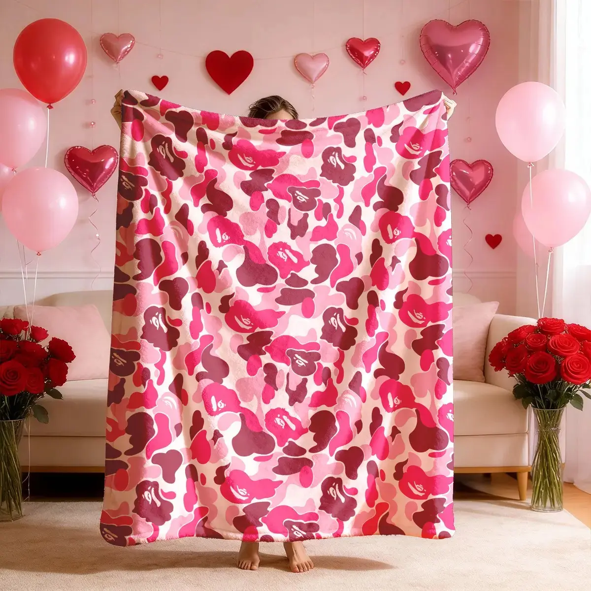 Camo Flannel Throw Blanket, Soft Plush Fleece Bedding for Men Women, Warm Lightweight Decorative Cover for Sofa Couch, Large Comfortable Napping Blanket for Office Travel Camping, Unique Valentine's Day Gift for Outdoor & Military Fan Lovers