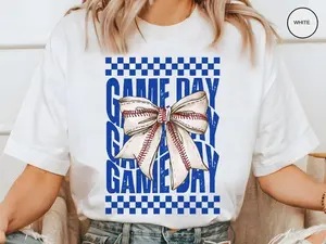 Game Day BASEBALL Shirt, Team Mascot, Gameday Tee, Royal Blue Coquette Bow, Baseball Fan, Mama Mom Gift, Cute Girly T-Shirt