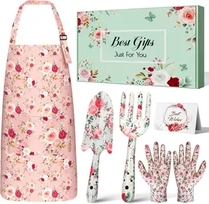 Pink Women's Garden Tool Set with Hand Fork, Trowel, Gloves & Apron - Gardening Supplies Kit for Mom, Birthday Gift