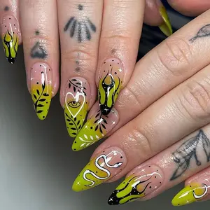 Snake & Fire Pattern Fake Nails, 24pcs/box Medium Long Almond False Nail for Women & Girls, Removable Nails with Sticker Sheet and Nail File for Women Girls DIY Manicure