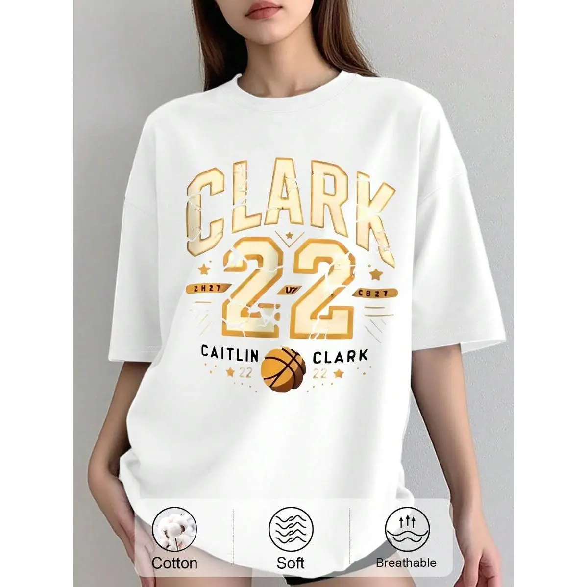 Clark 22 Caitlin T-Shirt, Loose Fit Drop Shoulder T-Shirt With Letter Print Graphic Tees Women Tops Short Sleeve Round Neck Casual Fashion T-Shirt,Perfect For Parties And Birthdays