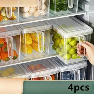4-Piece Transparent Food Storage Containers Set with Lids & Handles, Ideal for Meat Vegetables Fruits, Perfect Kitchen Organization Solution, Fridge Storage Container