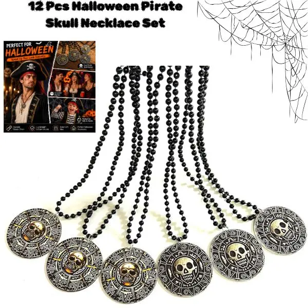 12 Pcs Halloween Pirate Skull Necklace Set – Pirate Coin Bead Necklaces for Adults & Kids, Halloween Costume Accessories, Pirate Party Favors & Cosplay Decorations