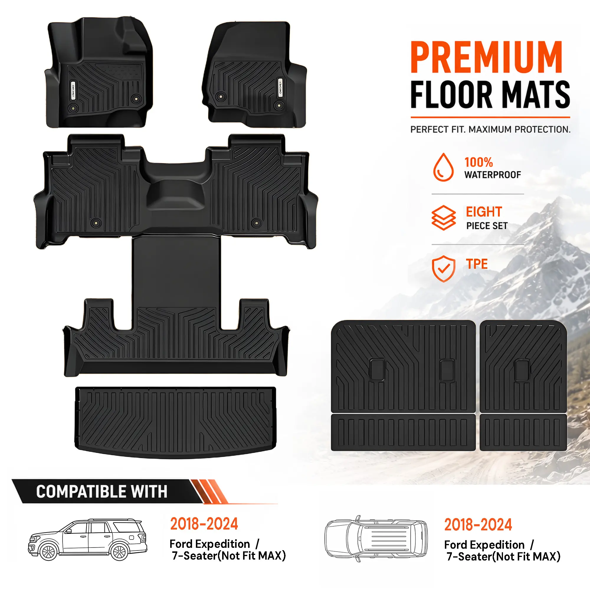 OEDRO TPE Floor Mats fits 2018-2024 Ford Expedition 2ND Row Bucket Seats, All Weather, Waterproof