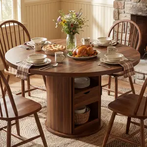 Garvee 47" Round Dining Table, Farmhouse Kitchen Table with 2-Layer Storage Shelf and Drawer, Circle Dinner Table for for 4-6 People for Dining Room, Kitchen, Living Room (Table Only), Walnut