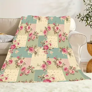 Vintage Floral Patchwork Blanket Cottagecore Aesthetic Pink Rose Flannel Throw Shabby Chic Room Decor Soft Warm Cozy Bedding Aesthetic Fleece Decorative Couch Cover Microfiber Floral Print Cozy Home Gift