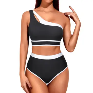 Tempt Me Women One Shoulder High Waisted Bikini Color Block Two Piece Swimsuits Cutout Two Piece Bathing Suit Tummy Control Bikini
