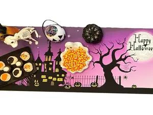 Halloween Table Runner Custom Vinyl 18"x8' Reusable Decoration for Kitchen Islands Dining Tables & Dessert Bars with Haunted Castle Bats Glowing Pumpkins Design