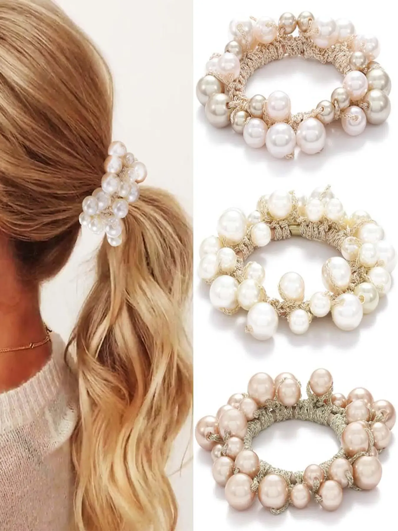 Beaded Hair Scrunchies, Elastic Hair Ties for Women & Girls, Stylish Ponytail Holders, Durable Hair Accessories for Everyday Use, Elastic Band Scrunchie, Elastic Hair Accessory