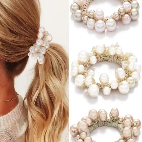 Beaded Hair Scrunchies, Elastic Hair Ties for Women & Girls, Stylish Ponytail Holders, Durable Hair Accessories for Everyday Use, Elastic Band Scrunchie, Elastic Hair Accessory