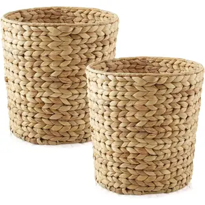 Casafield Set of 2 Water Hyacinth Waste Baskets - Natural, Round Woven Trash Can Bins for Bathroom, Bedroom, Laundry Room, Home Office