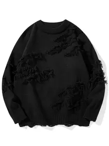 American Style Fall Winter Sweater, Round Neck Fleece Hole Design, Unisex Casual Fashion Knitwear Knit Pullover, Suitable for Daily Wear