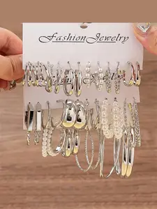 Silver Color Circle Earrings Set 36 Pcs, Unique Design High-End Ear Cuffs for Women, New Year Fashion Trendy Round Earring Accessories, Fashionable Jewelry Accessories