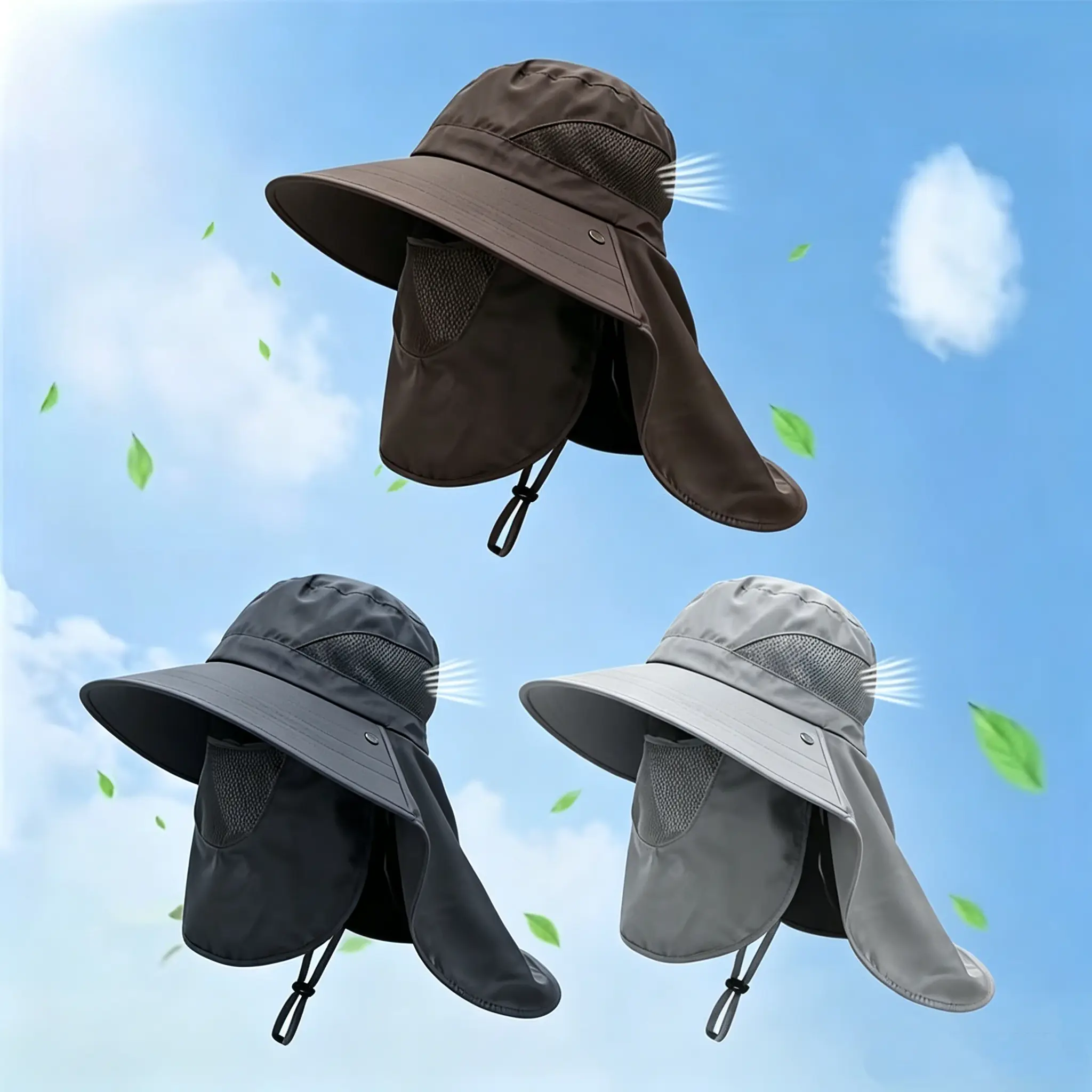 Outdoor Hats for Men – Wide Brim UPF Protection Sunscreen Leisure Hat, Mesh Vented Quick-Dry Breathable, Detachable Neck Flap & Face Cover, Adjustable Beach Safari Cap for Hiking, Camping, Men's Hats
