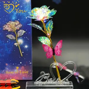 Rose & Butterfly Gift Set, 1 Set Luminous Rose Gift with Random Color Butterfly, Creative Gift( with Optional Base and Gift Box) Vibrant Faux Flowers