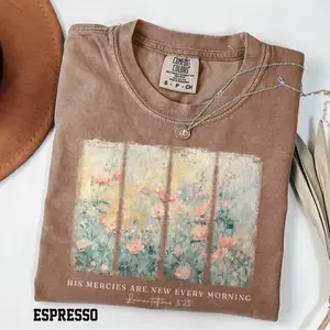 Comfort Colors Christian TShirt, His Mercies Are New Every Morning Bible Verse T-Shirt, Religious Women Gift Floral Jesus Teee, Faith Christian