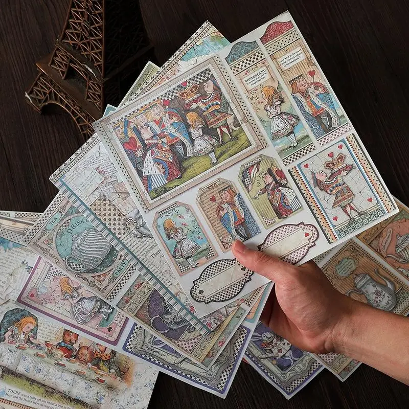 15pcs/Set Alice Themed Vintage Paper, DIY Decor Scrapbook Paper, Scrapbooking Decorative Paper for Gift Greeting Card Water Bottle Laptop Phone