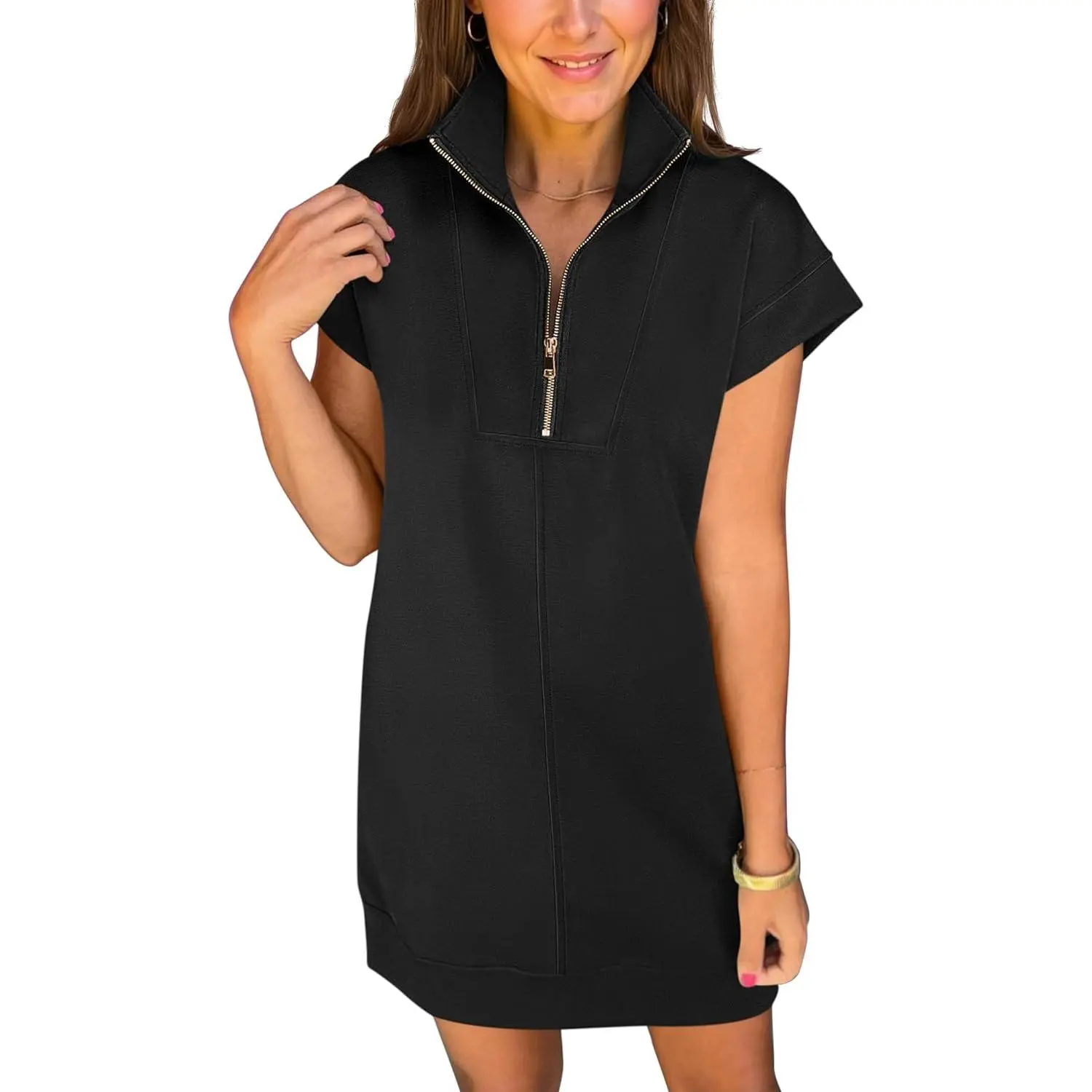 ANRABESS Womens Casual Summer Half Zip Cap Sleeve Wrinkle-Free Tee Dress 2026 Spring Beach Vacation Short Dress