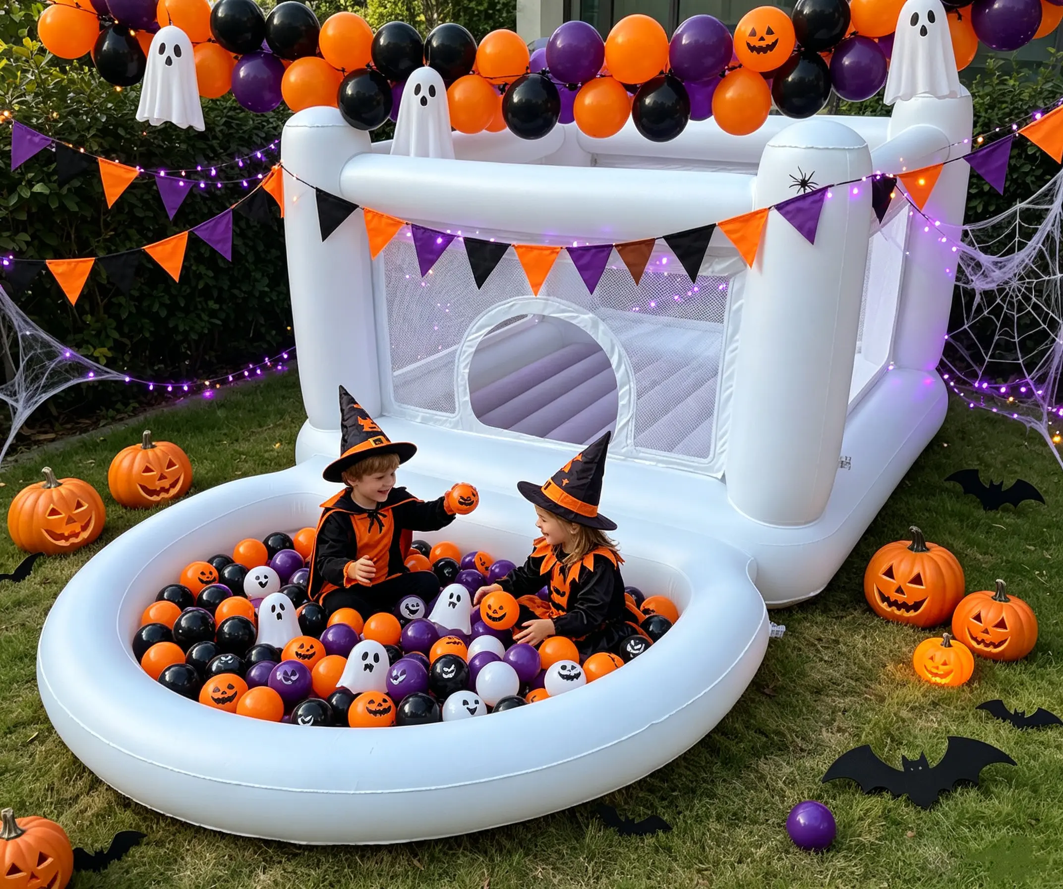 Halloween Inflatable Bounce House for Kids - White PVC Durable Bouncy Castle with Mesh Safety Walls, Ball Pit Zone, Quick Setup, Easy Inflation, Indoor & Outdoor Playground Equipment