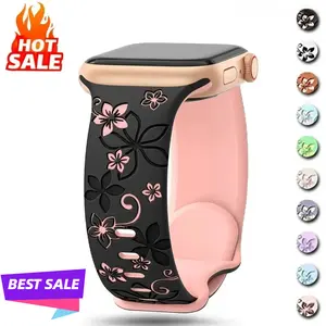 2026 Trendy Floral Engraved Silicone Apple Watch Band – Soft Sport Strap Compatible with 38–49mm Series & Ultra, Lightweight Sweatproof Replacement Wristband for Workout, Daily Wear & Gift for Women