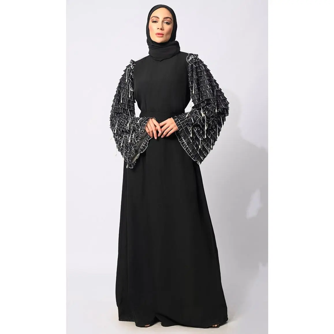Classic black Abaya with Tiered Frill Sleeves and Tassels and Belt - Final Sale