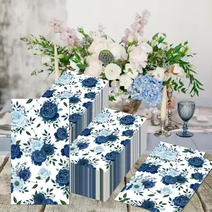 Vintage Blue Floral Wedding Birthday Long Paper Towels, Party Festival Disposable Napkins, 20 Sheets Per Pack, 11x20cm Size