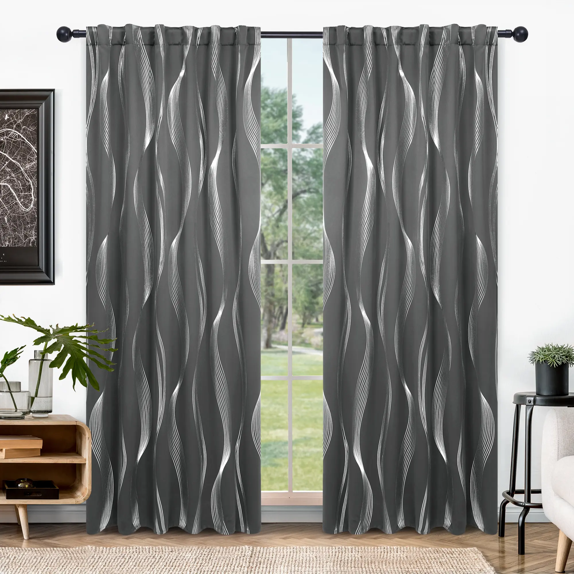 Blackout Curtains 2 panels, Deconovo Blackout Back Tab Silver Curved Wave Pattern Printed  Window Curtains for Living Room curtain