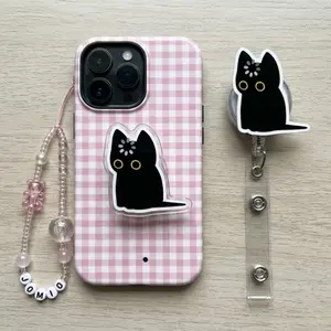 Cute Black Cat Loading Badge Reel - Funny Brain Buffering Kitten Retractable ID Holder  - Kawaii Acrylic Name Tag Clip