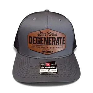 Richardson Mens 112 Flat Bill Classic Snapback Hat - Blue Collar Degenerate Design, Laser Engraved Leatherette Patch, 60/40 Cotton-Polyester Fabric, Snapback Closure, Mens Hats