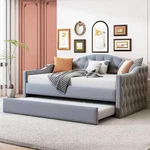 [Bellemave] Twin Size Tufted Upholstered Daybed with Trundle ,Velvet Sofabed with USB&Type-C Charging Ports,No Box-spring Needed