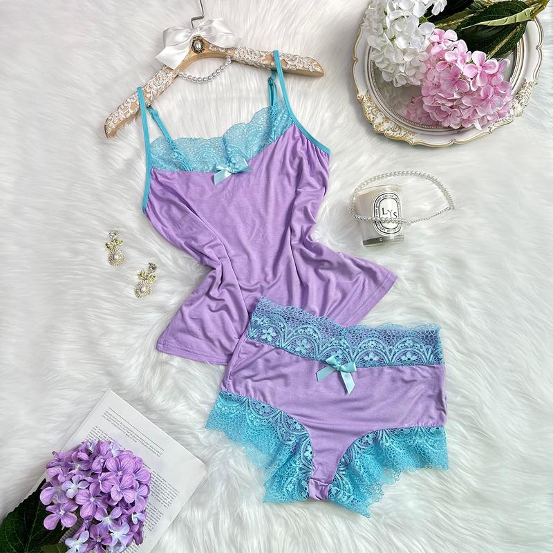 Women's Contrast Color Lace Trimmed Bow Decor Camisole & Shorts Pajama Set ，Women Two Pieces Sleepwear, Homewear Lounge Set