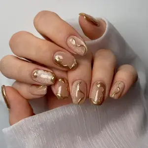 New Nude Cat Eye Gold Line Short Oval Nail Tips, 3D Golden Sparkle Nail Art, High-Quality Removable False Nails for Parties and Travel