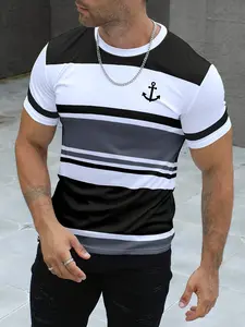 Men's Navy Striped Short Sleeve T-Shirt, Fashion Anchor Design, Slim Fit, Comfortable Breathable, Casual Must-Have Item