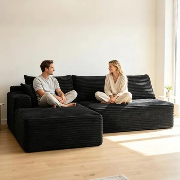 96" L-Shaped Sectional Couch, Small-Space Corner Chaise Lounge Sofa with Vacuum-Compressed Packaging and Removable Washable Corduroy Cover