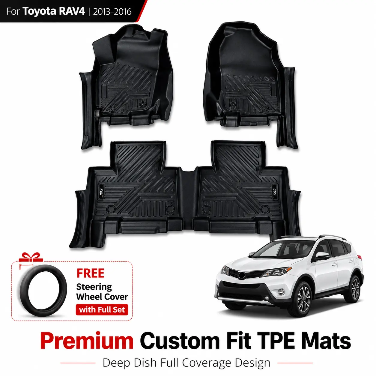 Custom Fit All Weather TPE Floor Mats Full Set, Heavy Duty Waterproof Deep Dish Car Floor Liners Anti-Slip Auto Mats for Toyota Highlander 2013-2016, Driver Passenger & 2nd Row Complete Liner Kit