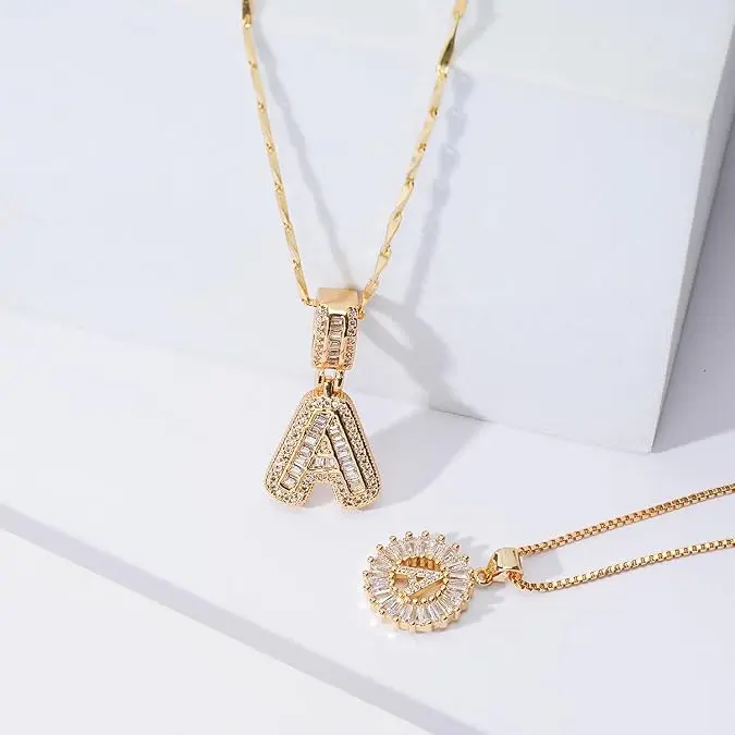 Women's 2PC 14K Gold-Plated Letter Necklace with Zircon Pendant (Letters A,M) - Personalized Initial Costume Jewelry, Ideal for Birthday or Mother's Day Gifts