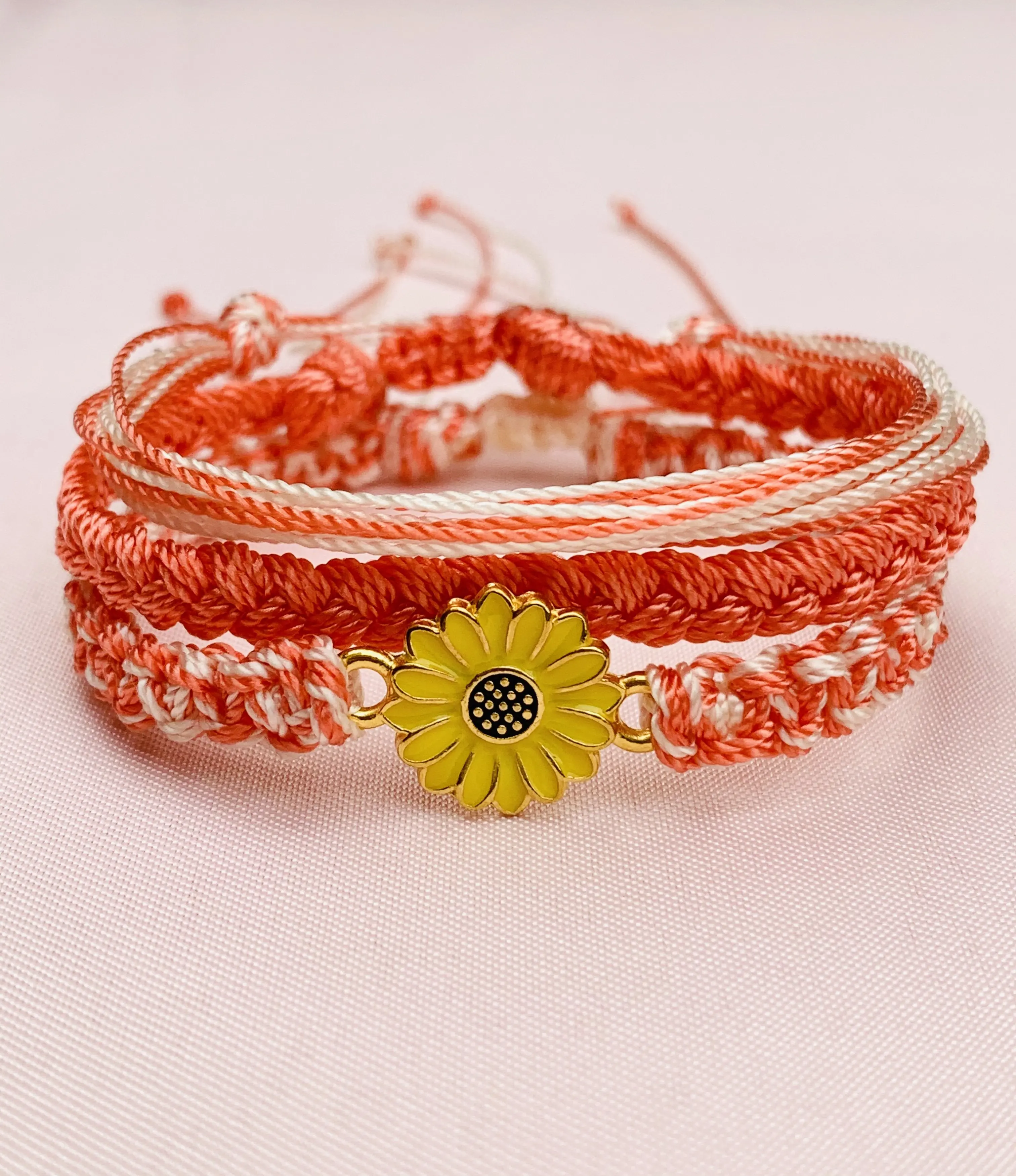 Coral Sun Flower Bracelet Set - Adjustable