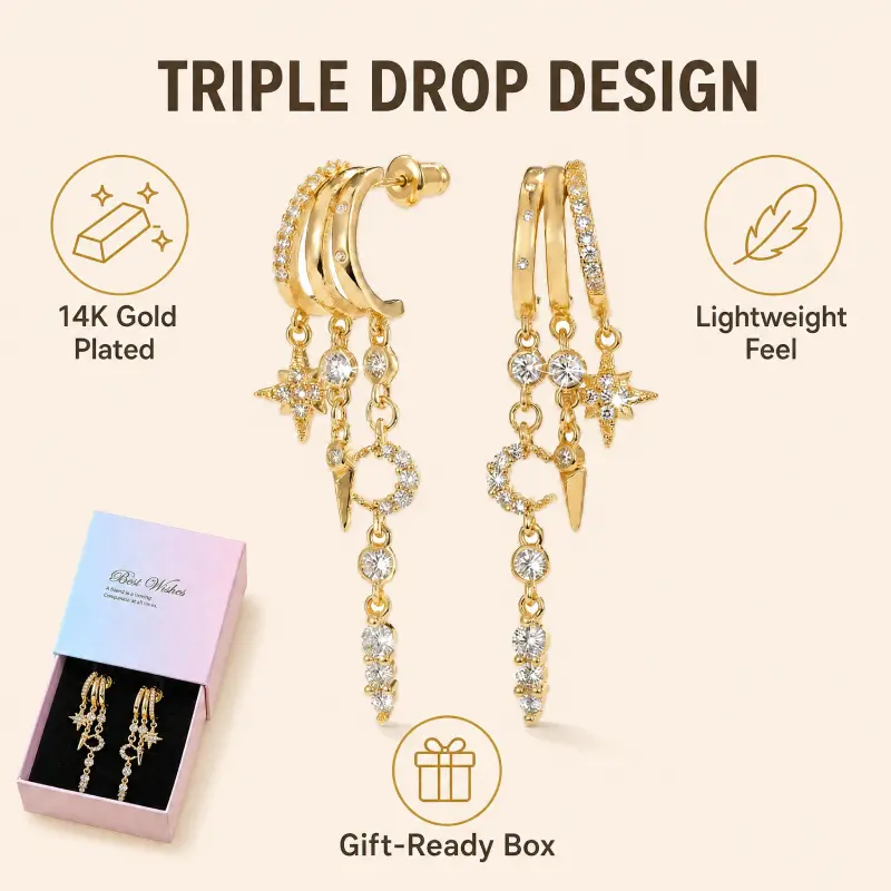 14K Gold Plated Dainty Cubic Zirconia Drop Earrings Minimalist Hypoallergenic Huggie Hoop Dangle Stud Earrings Trendy Chain Tassel Jewelry For Women Daily Party Gift