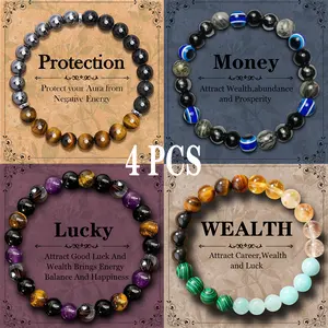 Healing Crystal Bracelet Natural Stone Beaded Yoga Mantra Bracelets Stress Relief Anxiety Triple Protection Feng Shui Bracelet,Money Attraction Wealth Jade Tiger Eye Beaded Bracelet for Women Men Natural Crystal Stone Healing Beads Birthday Jewelry Gifts