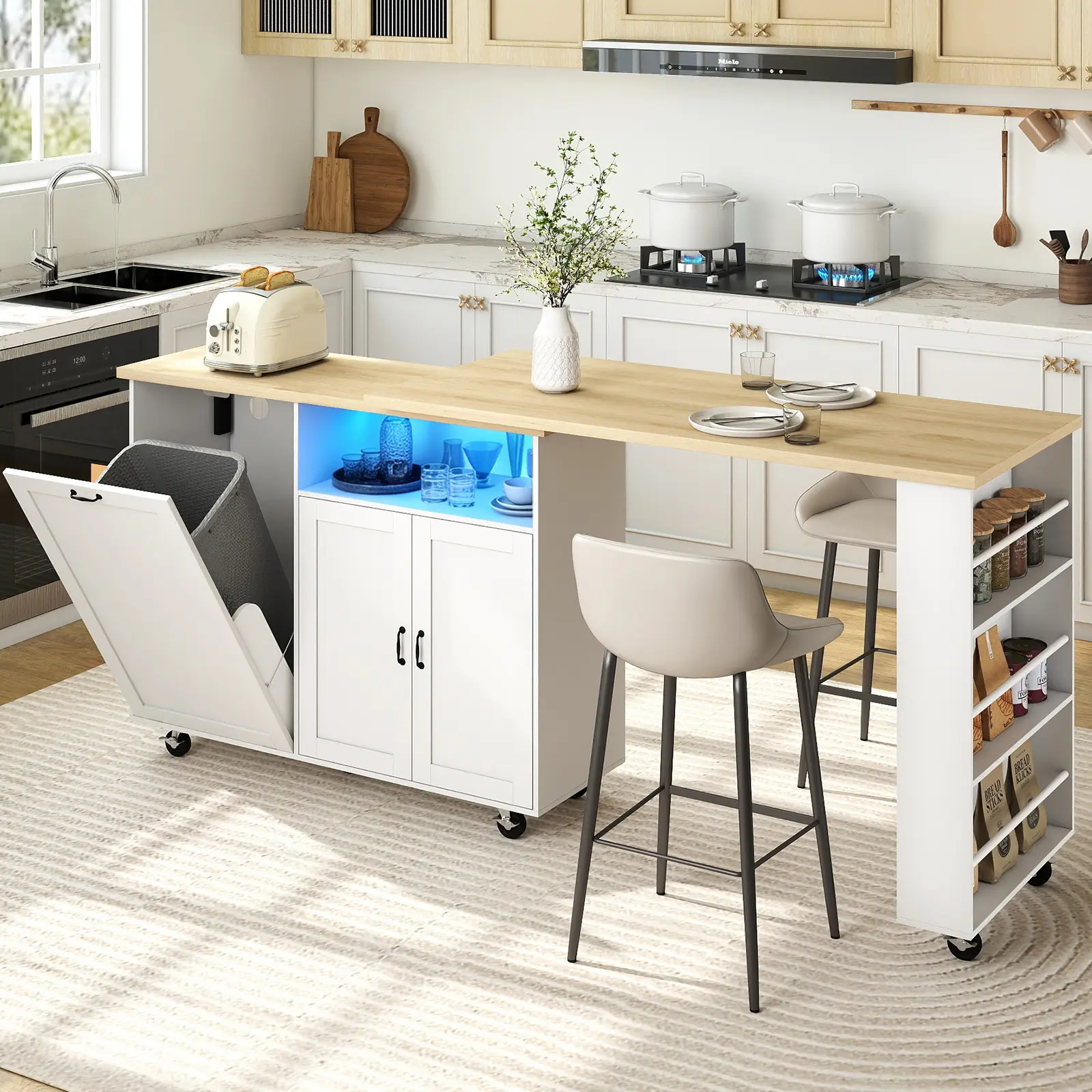 79'' Rolling Kitchen Island with 360° Swivel Tabletop and Storage, Mobile Kitchen Cart with Hidden Trash Cabinet, Power Outlet, RGB LED Lights, Large Countertop, Multi-Functional Dining Table for Kitchen