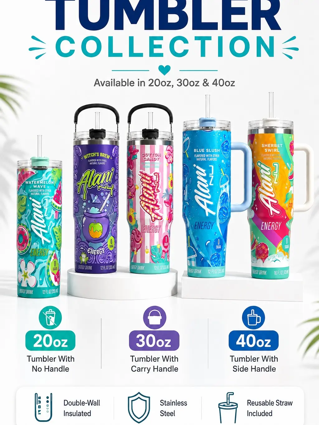 Insulated Stainless Steel Tumbler with Straw, Reusable Travel Cup, Double-Wall Drink Tumbler, 20oz 30oz 40oz