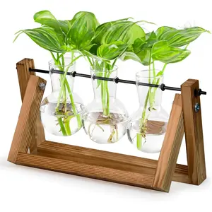 SAN Tread Plant Terrarium with Wooden Stand, Air Planter Bulb Glass Vases with Metal Swivel Holder, Retro Tabletop Propagation Station for Hydroponics, Home Garden and Office Decoration, 3 Bulb Vase