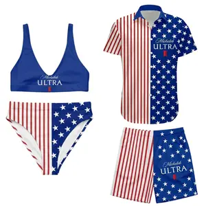 Michelob Ultra Couple Swimwear Set, American Flag Red White Blue Matching Bikini and Men Mesh Board Shorts Outfit, Gift for Him and Her