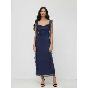 Cowl Neck Solid Glitter Ruffle Hem Maxi Dress