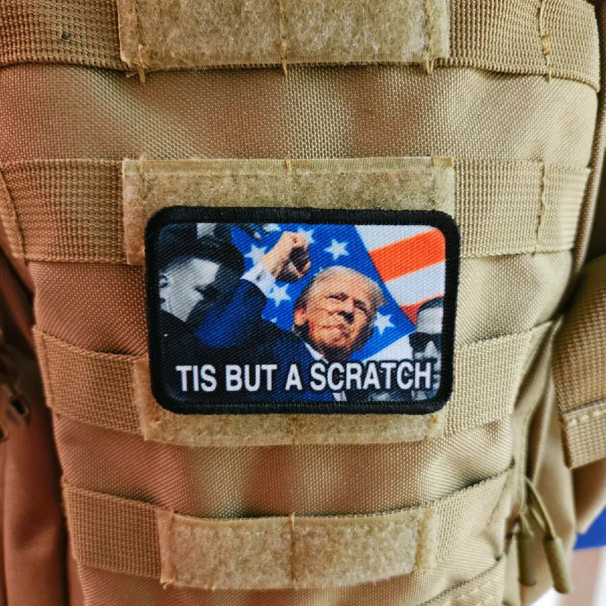 flag background first raised in the air trump tis but a scratch patch 2"x3" removable morale patch with hook and loop backing