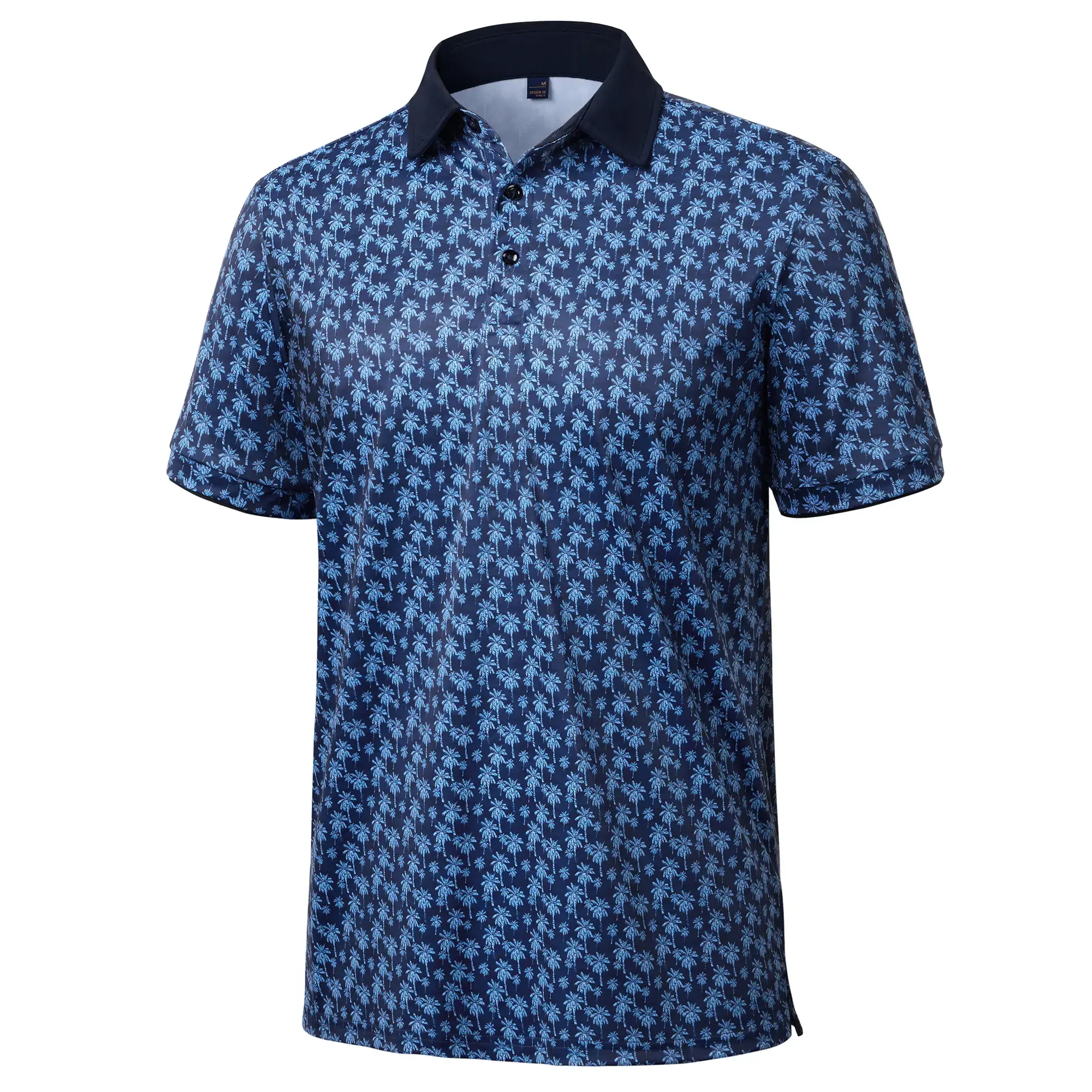 Men's Palm Tree Print Polo Shirt – Contrast Collar Short Sleeve Golf Polo, Lightweight Breathable Stretch Casual Top