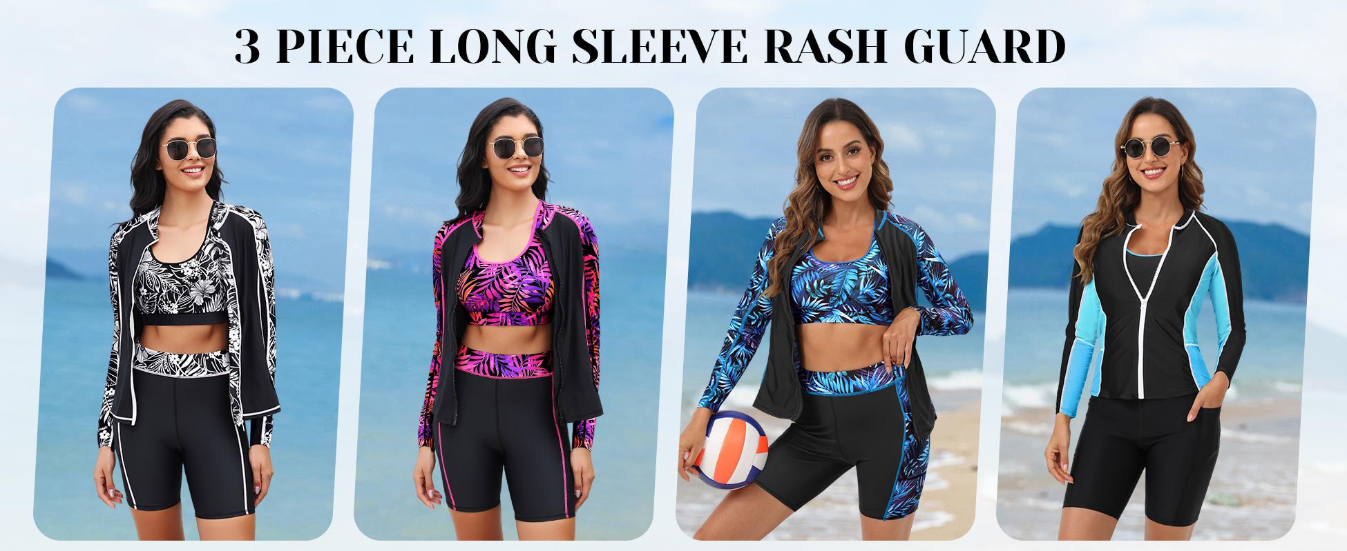 Daci Women Three Piece Rash Guard - Long Sleeve Zip up Swim Shirt Sports Bra Modest Swimsuit with Shorts