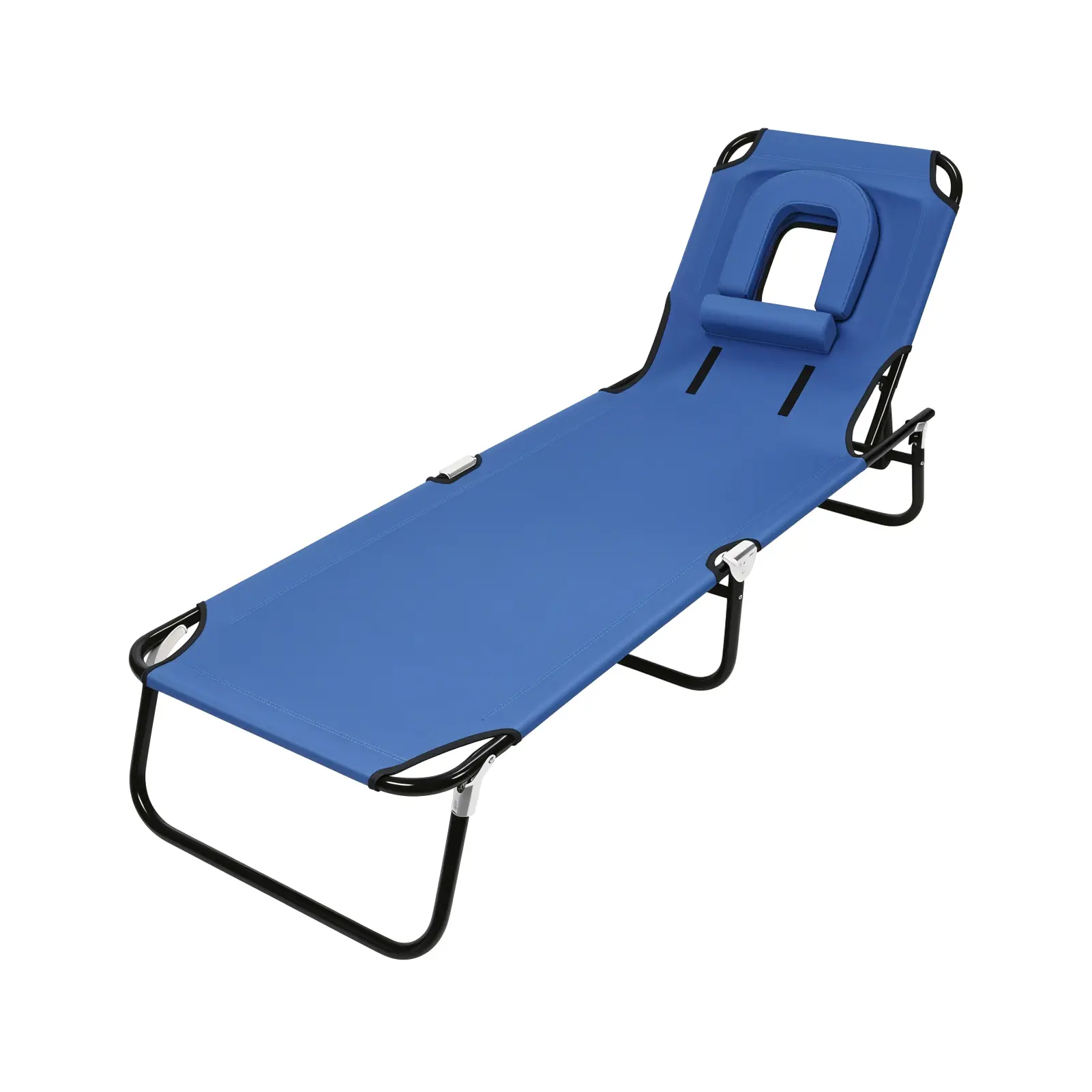 Heavy-Duty Foldable Adult Camping Cot - Reclining Folding Chaise with Face Hole, Height-Adjustable, Removable Pillow, for Patio, Beach Use